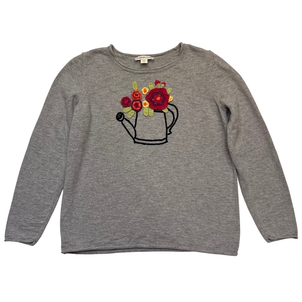 Coldwater Creek Gray Cottagecore Floral Appliqué 100% Cotton Sweater‎ Size M